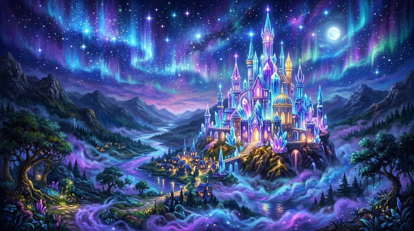 Enchanted floating crystal islands with cascading waterfalls and glowing mystical architecture