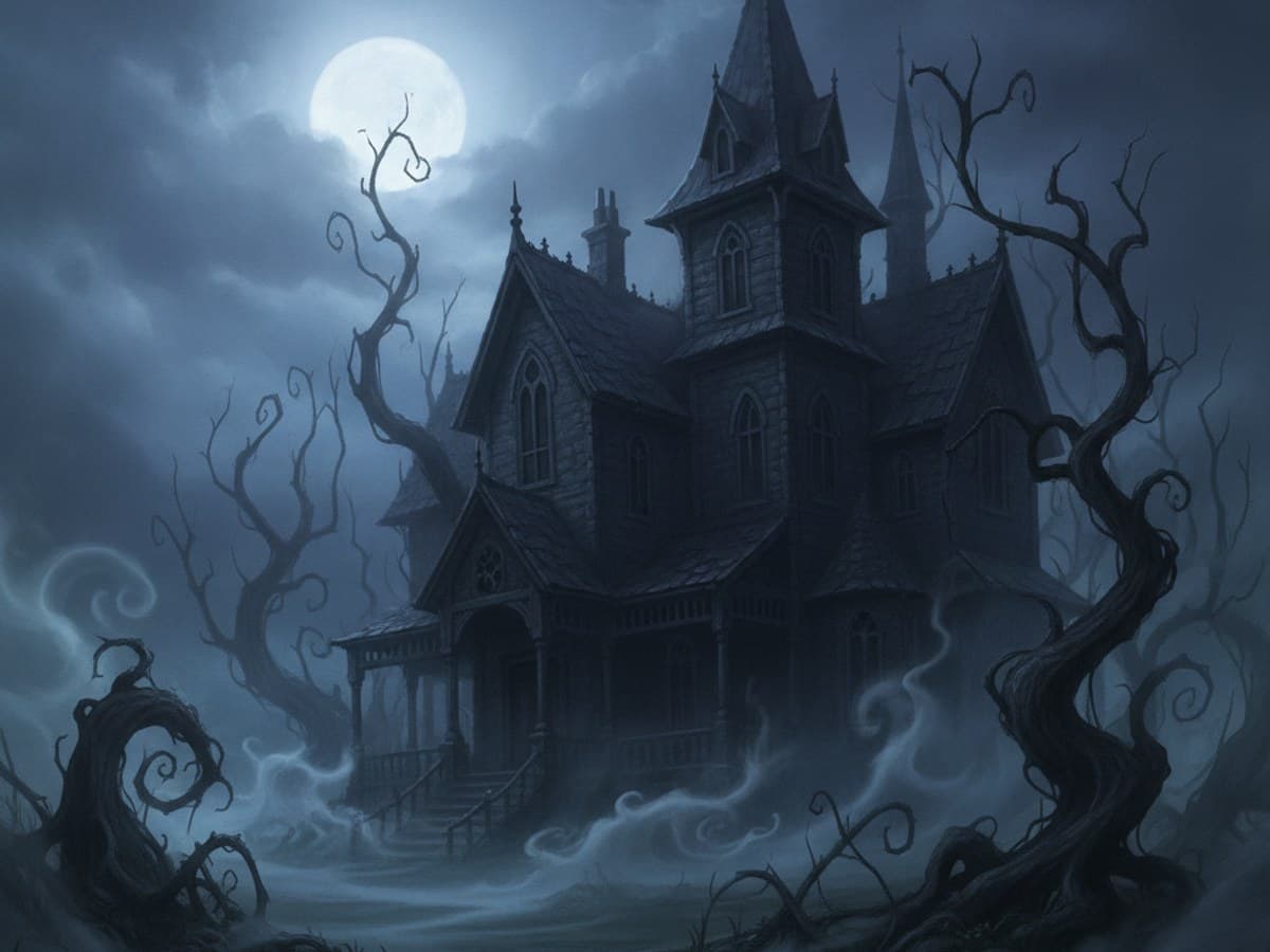 Gothic haunted manor shrouded in eerie fog with dark atmospheric silhouettes and moonlight
