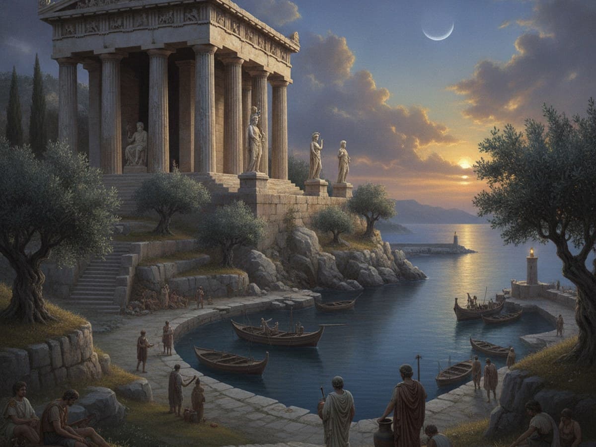 Mythological warrior deity standing before celestial ancient temple ruins at golden hour