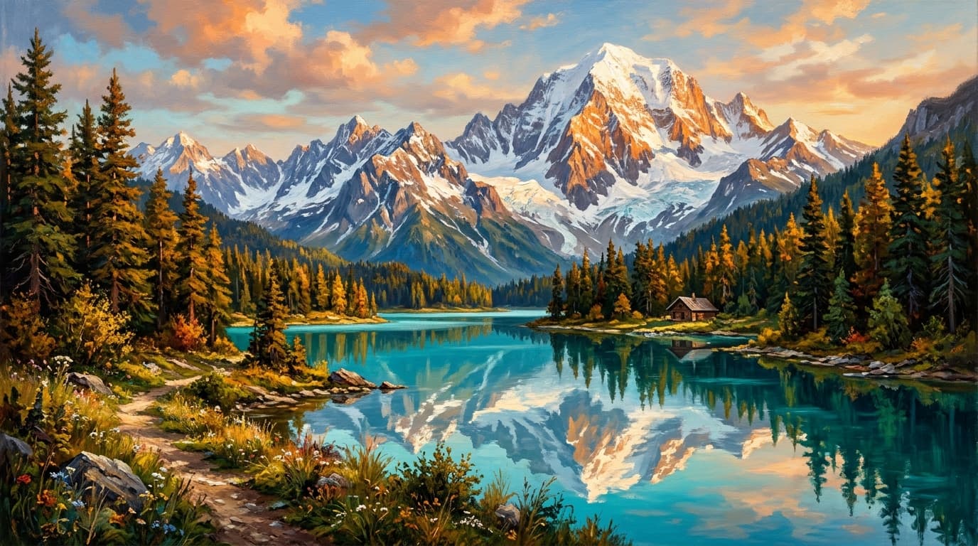Scenic alpine mountains, pine forests, and winding rivers in watercolor landscape style
