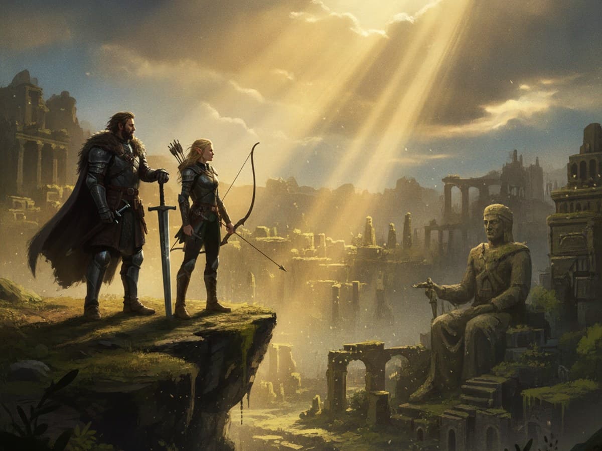Cinematic storyboard keyframe depicting two characters meeting on a wind-swept cliff at sunset